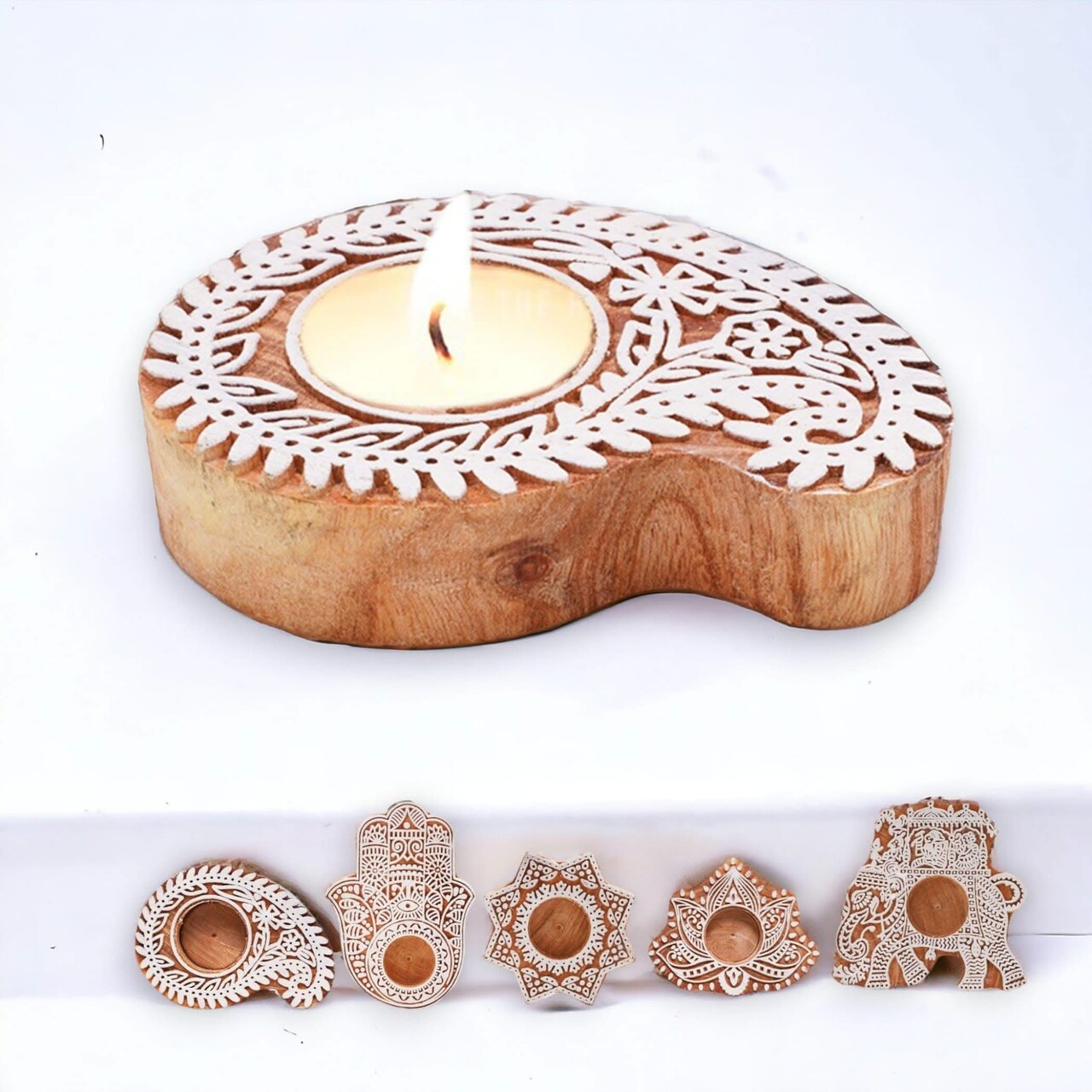 Wooden Block Print Tea Light Candle Holders for Diwali Handmade Tlight for Deepawali Decoration Items Designer Diya Deepam for Goddess Worship Housewarming Gifts